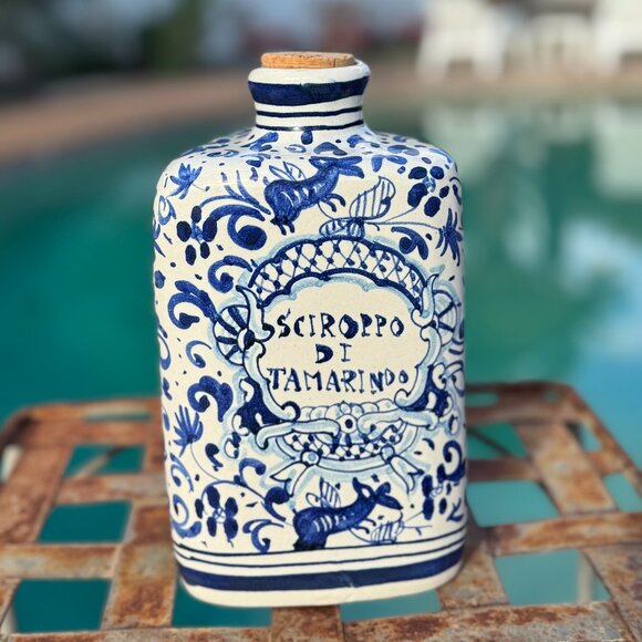 Vintage Italian Pottery Other - Vintage Hand-Painted Triangular Italian Maiolica Jar "Sciroppo di Tamarindo"